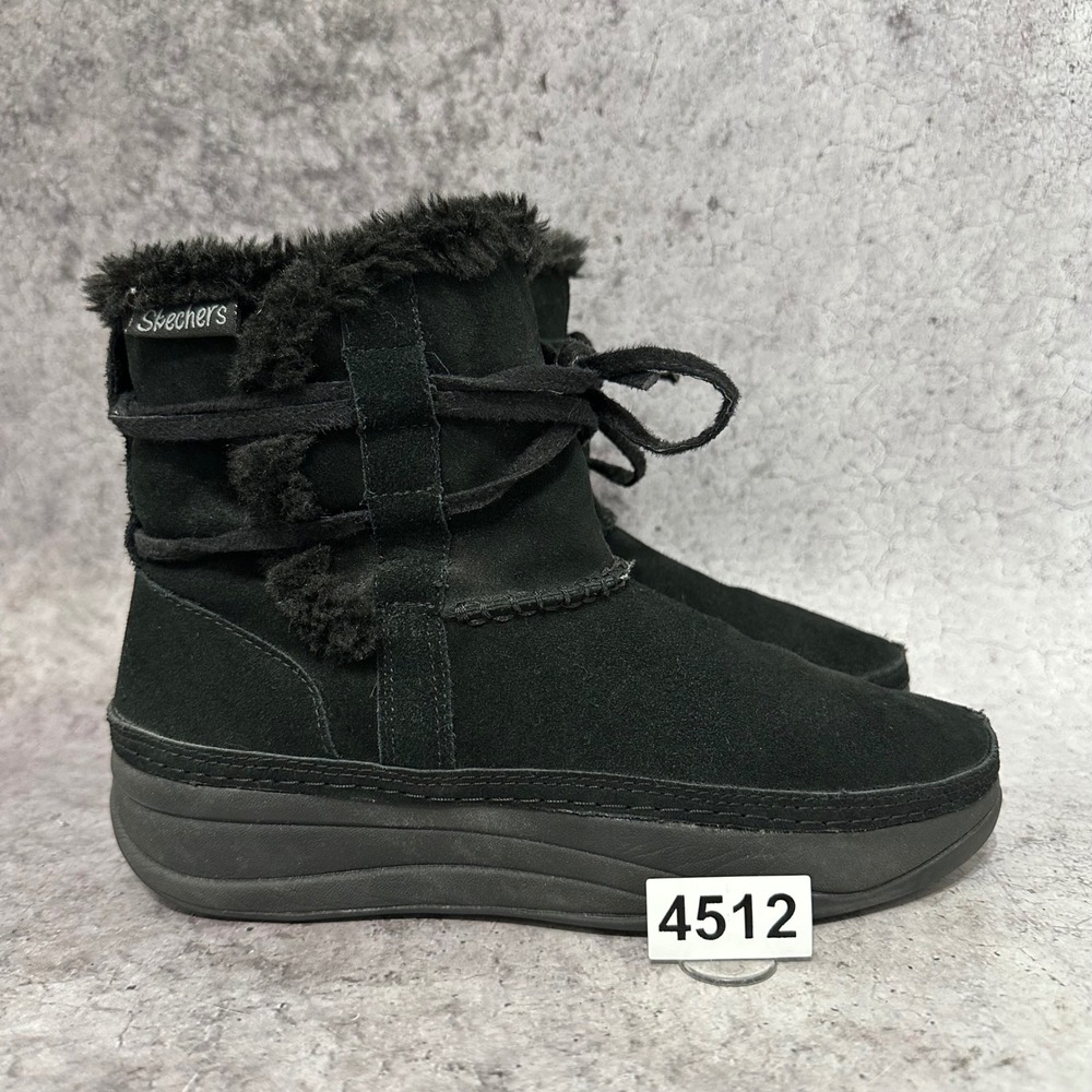 Skechers 38722 Ankle Boots Women 7 Black Faux Fur Suede Lace Up Platform